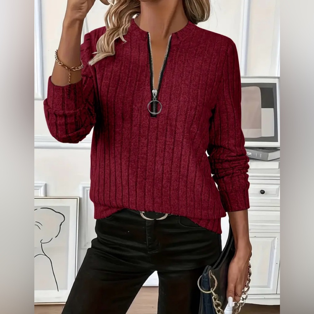 Chic Burgundy Long Sleeved Pullover Ribbed Sweater with Zipper Oversized sz Sm